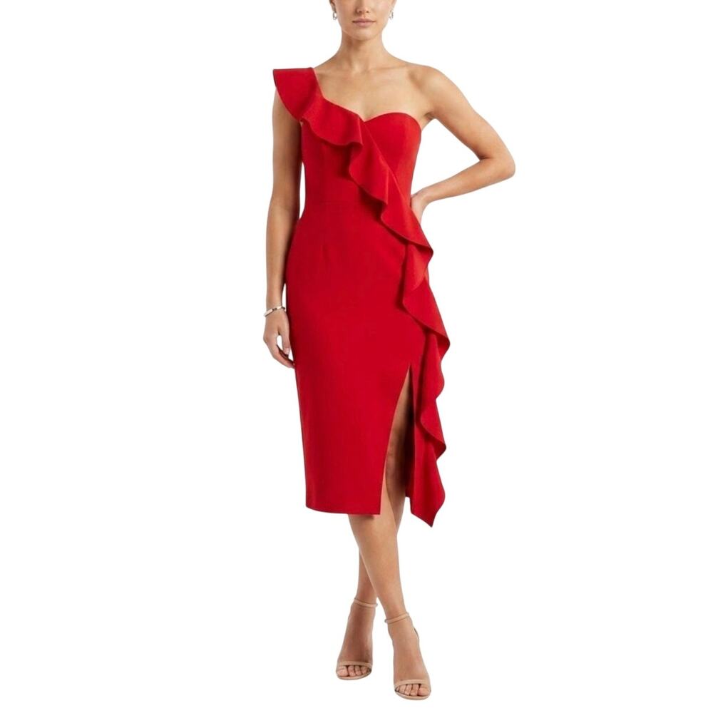 Aidan Mattox Red Cocktail Dress One Shoulder Ruffle Side Slit Midi Sheath Size 6